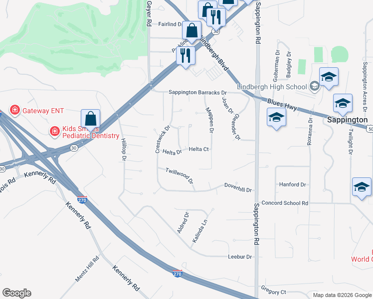 map of restaurants, bars, coffee shops, grocery stores, and more near 11842 Helta Court in Saint Louis