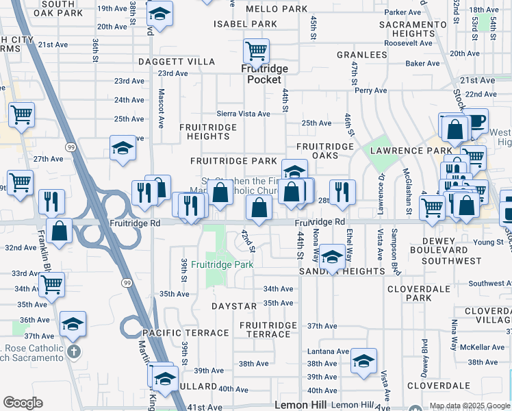 map of restaurants, bars, coffee shops, grocery stores, and more near 4150 Sweetwater Avenue in Sacramento