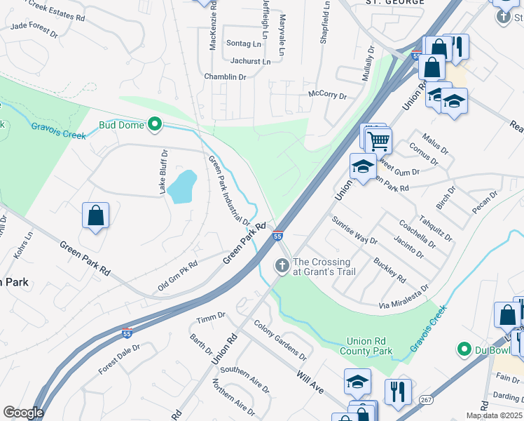 map of restaurants, bars, coffee shops, grocery stores, and more near 4497 Green Park Road in St. Louis