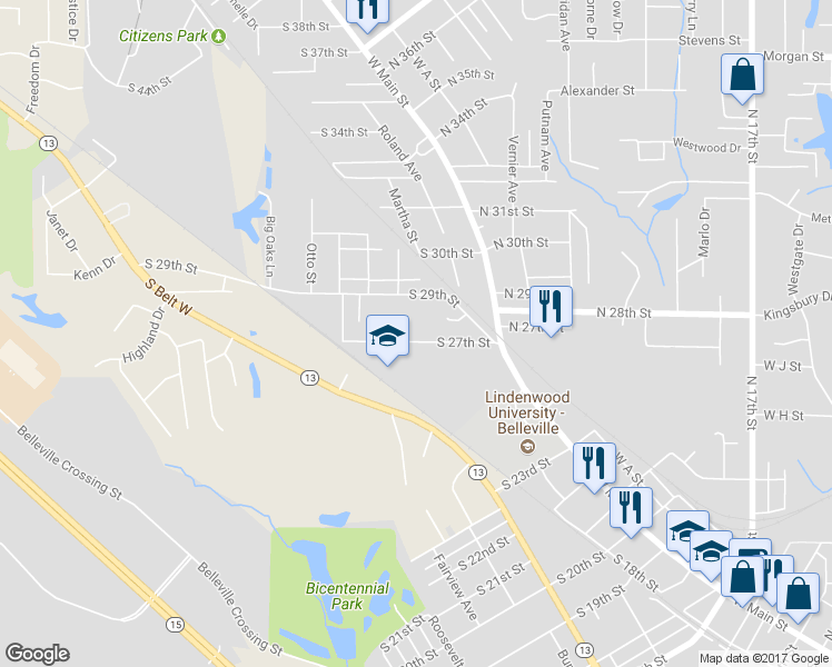 map of restaurants, bars, coffee shops, grocery stores, and more near 113 South 27th Street in Belleville