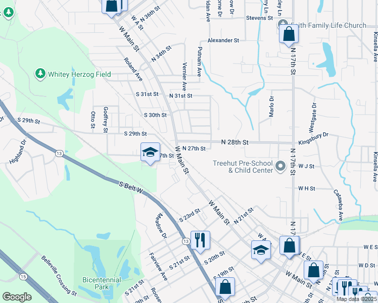 map of restaurants, bars, coffee shops, grocery stores, and more near 104 North 27th Street in Belleville