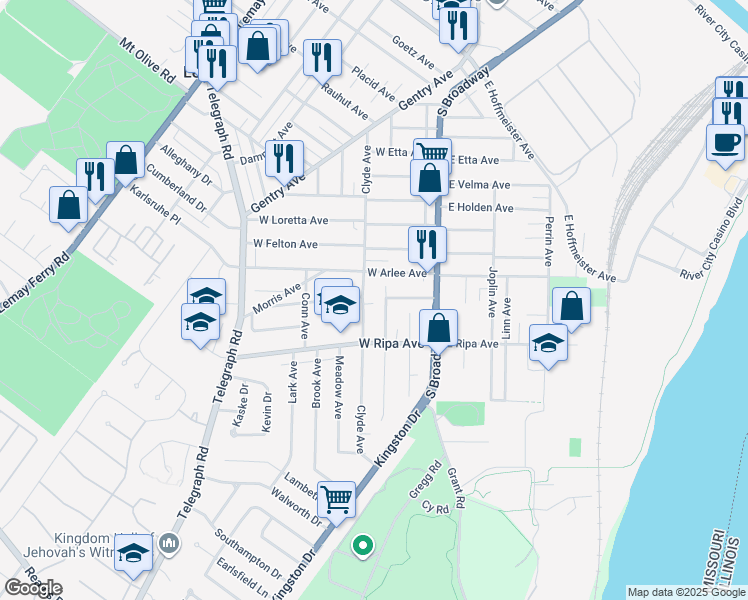 map of restaurants, bars, coffee shops, grocery stores, and more near 9813 Luna Avenue in Saint Louis