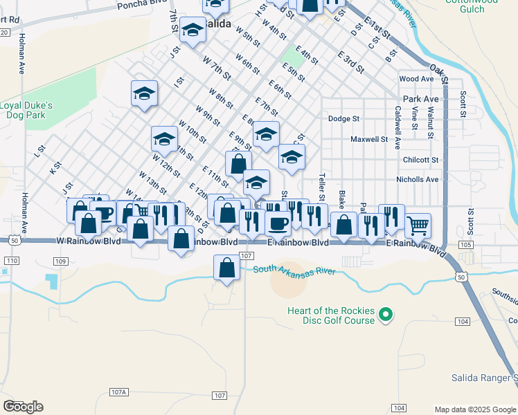map of restaurants, bars, coffee shops, grocery stores, and more near 26 Jones Avenue in Salida