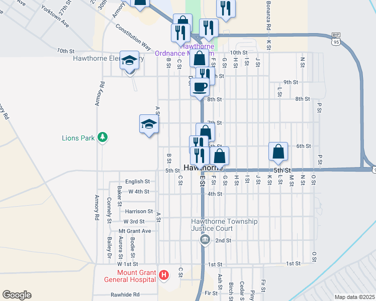 map of restaurants, bars, coffee shops, grocery stores, and more near 593 D Street in Hawthorne