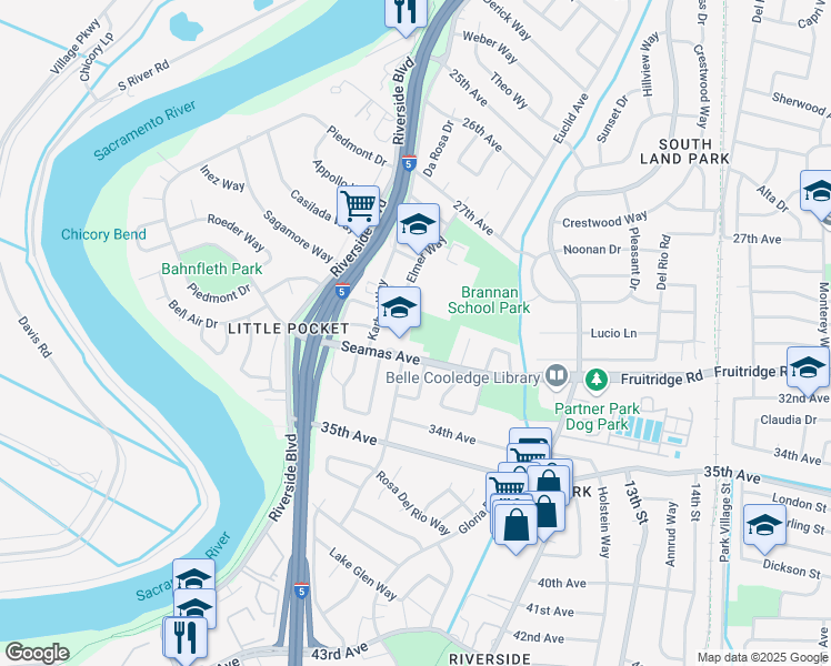 map of restaurants, bars, coffee shops, grocery stores, and more near 1141 Seamas Avenue in Sacramento