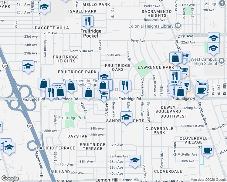 map of restaurants, bars, coffee shops, grocery stores, and more near 4401 Fruitridge Road in Sacramento