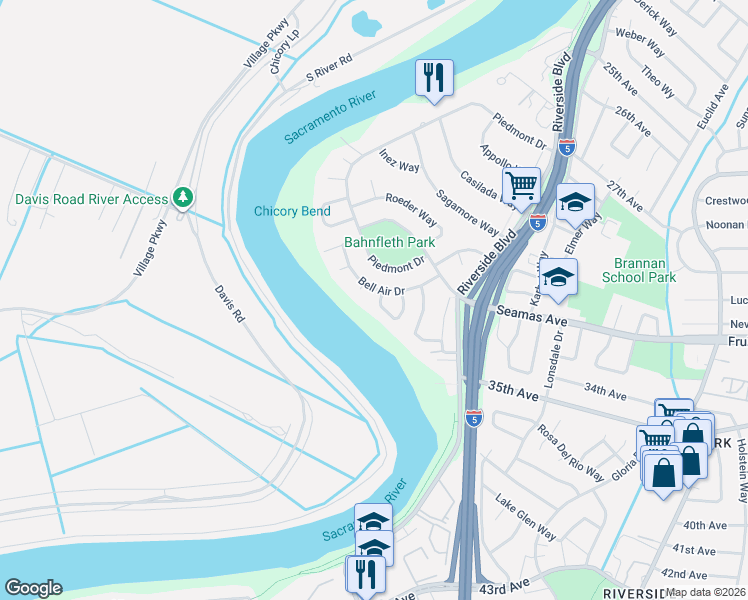 map of restaurants, bars, coffee shops, grocery stores, and more near 900 Bell Air Drive in Sacramento