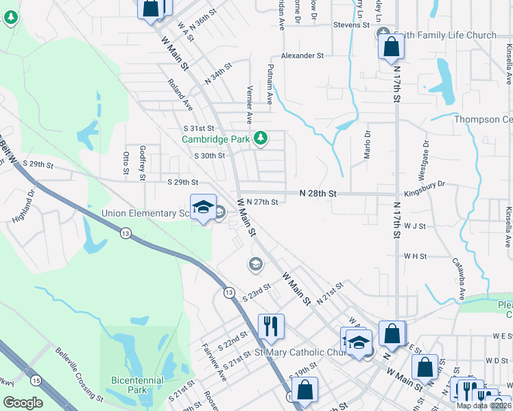 map of restaurants, bars, coffee shops, grocery stores, and more near 104 North 27th Street in Belleville