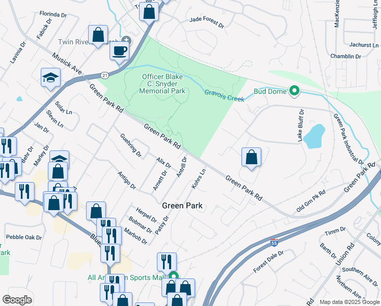 map of restaurants, bars, coffee shops, grocery stores, and more near 10702 Antrill Drive in St. Louis