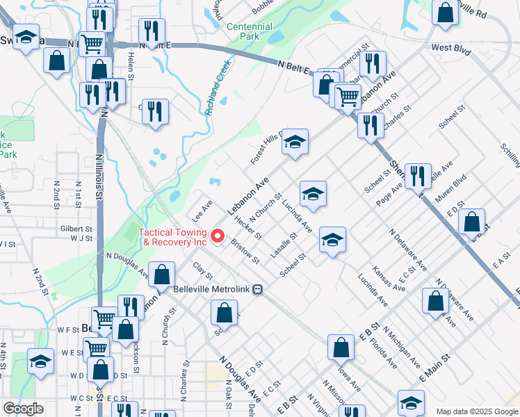 map of restaurants, bars, coffee shops, grocery stores, and more near 1217 North Church Street in Belleville