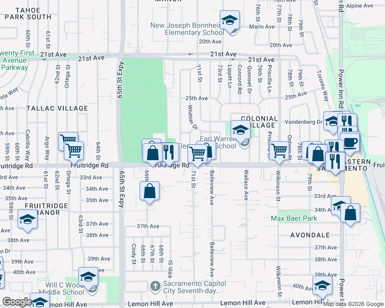 map of restaurants, bars, coffee shops, grocery stores, and more near 5511 70th Street in Sacramento