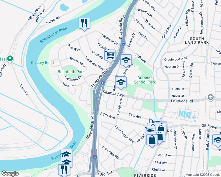 map of restaurants, bars, coffee shops, grocery stores, and more near 5545 Dorset Way in Sacramento