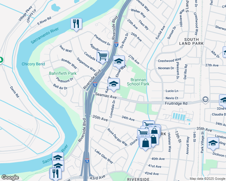 map of restaurants, bars, coffee shops, grocery stores, and more near 1141 Seamas Avenue in Sacramento
