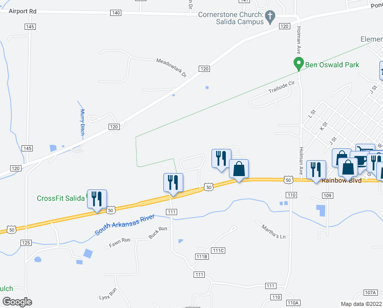 map of restaurants, bars, coffee shops, grocery stores, and more near 137 Starbuck Circle in Salida