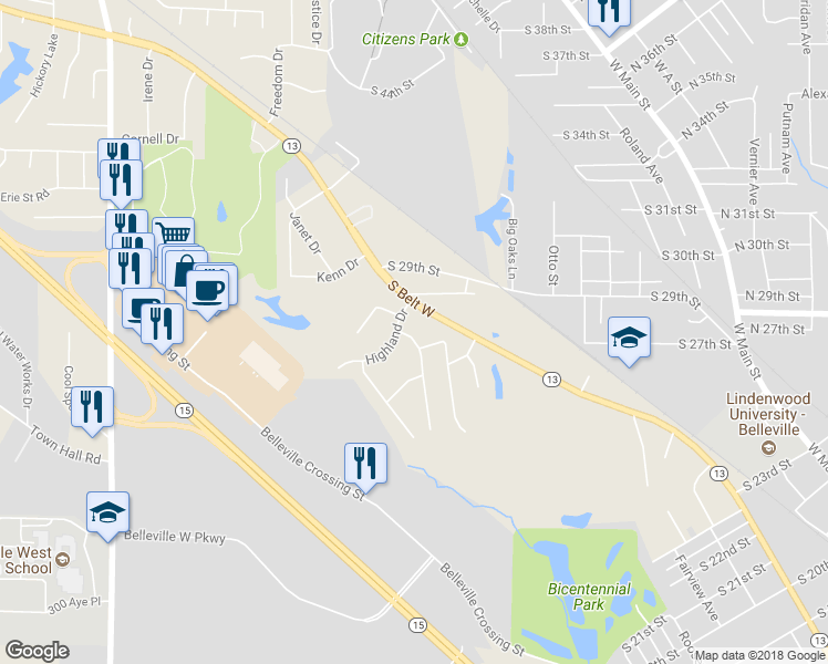 map of restaurants, bars, coffee shops, grocery stores, and more near 6 Starlight Drive in Belleville