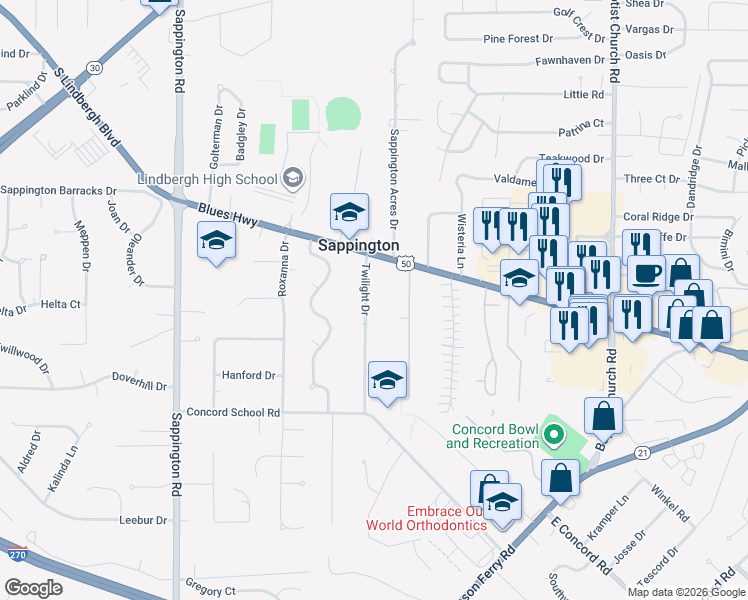 map of restaurants, bars, coffee shops, grocery stores, and more near 10538 Twilight Drive in Sappington