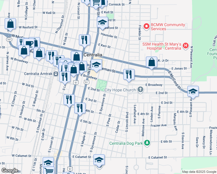 map of restaurants, bars, coffee shops, grocery stores, and more near 111 South Sycamore Street in Centralia