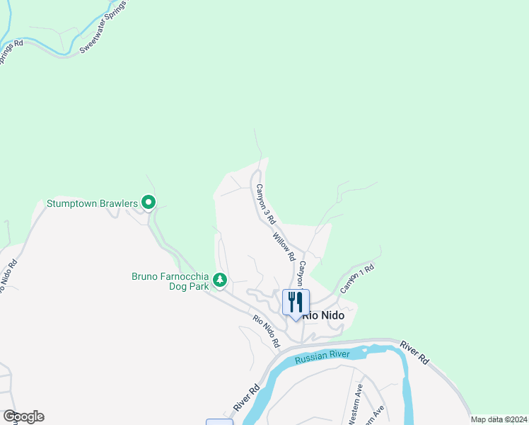 map of restaurants, bars, coffee shops, grocery stores, and more near 15543 Canyon 3 Road in Guerneville