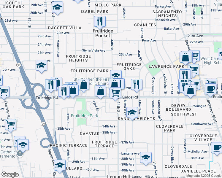 map of restaurants, bars, coffee shops, grocery stores, and more near 5500 44th Street in Sacramento