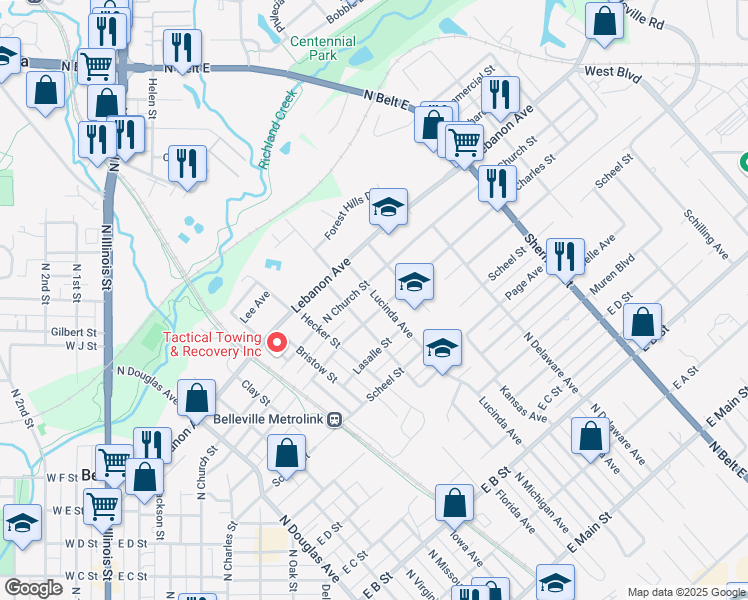 map of restaurants, bars, coffee shops, grocery stores, and more near 809 Lucinda Avenue in Belleville