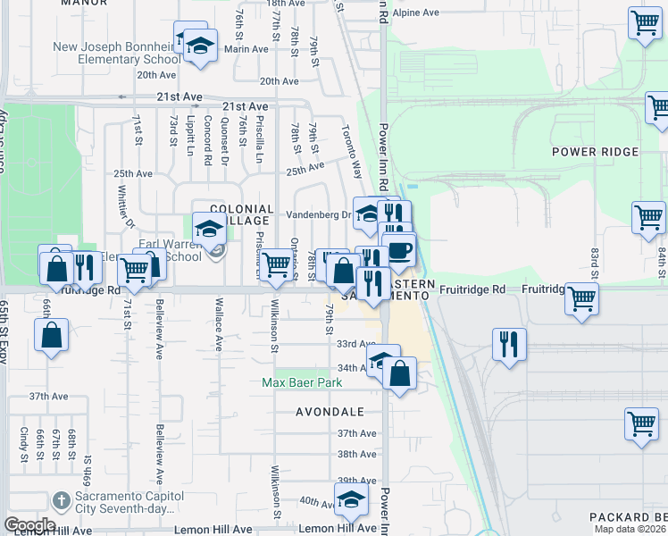 map of restaurants, bars, coffee shops, grocery stores, and more near 5521 79th Street in Sacramento