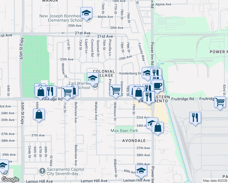 map of restaurants, bars, coffee shops, grocery stores, and more near 5460 Bradford Drive in Sacramento