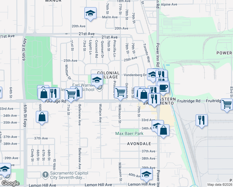 map of restaurants, bars, coffee shops, grocery stores, and more near 5460 Bradford Drive in Sacramento