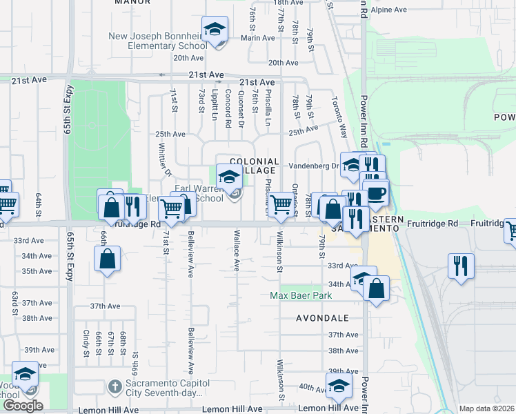 map of restaurants, bars, coffee shops, grocery stores, and more near 5461 Standish Road in Sacramento