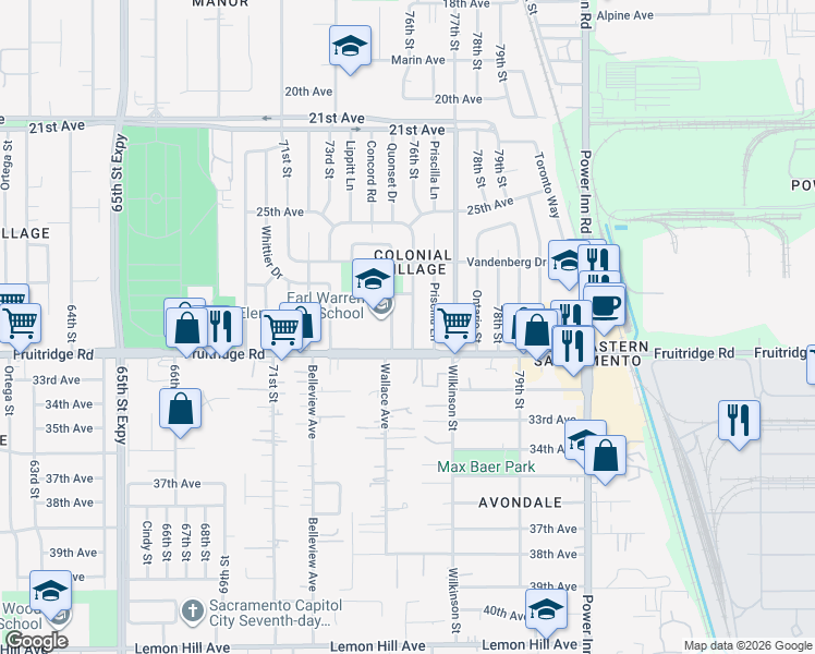 map of restaurants, bars, coffee shops, grocery stores, and more near 5461 Standish Road in Sacramento