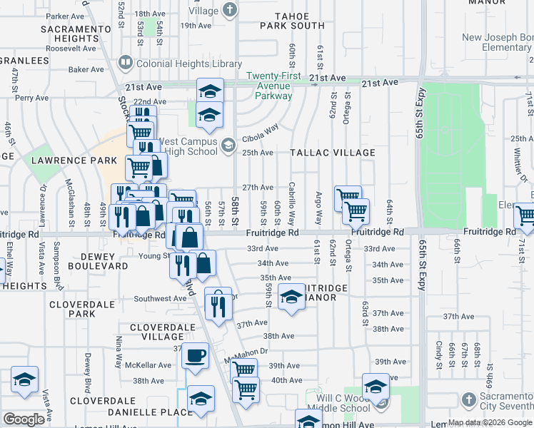 map of restaurants, bars, coffee shops, grocery stores, and more near 5405 59th Street in Sacramento