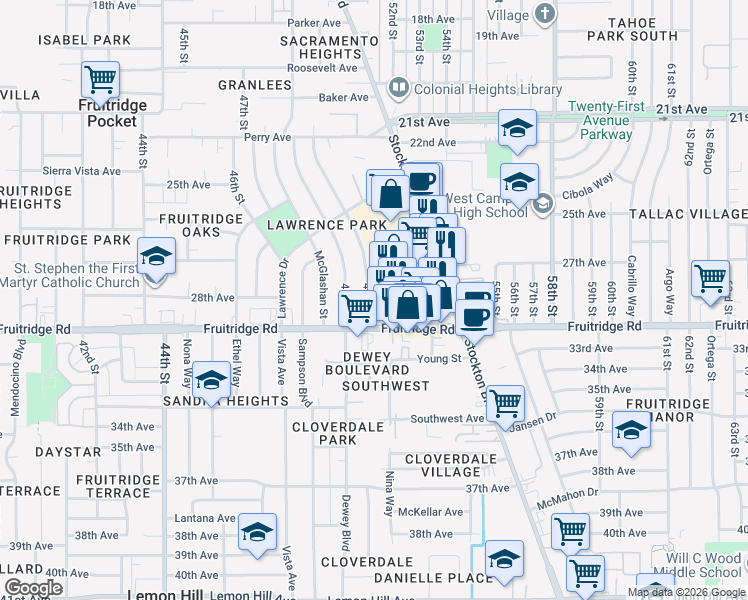 map of restaurants, bars, coffee shops, grocery stores, and more near 5071 Fruitridge Road in Sacramento