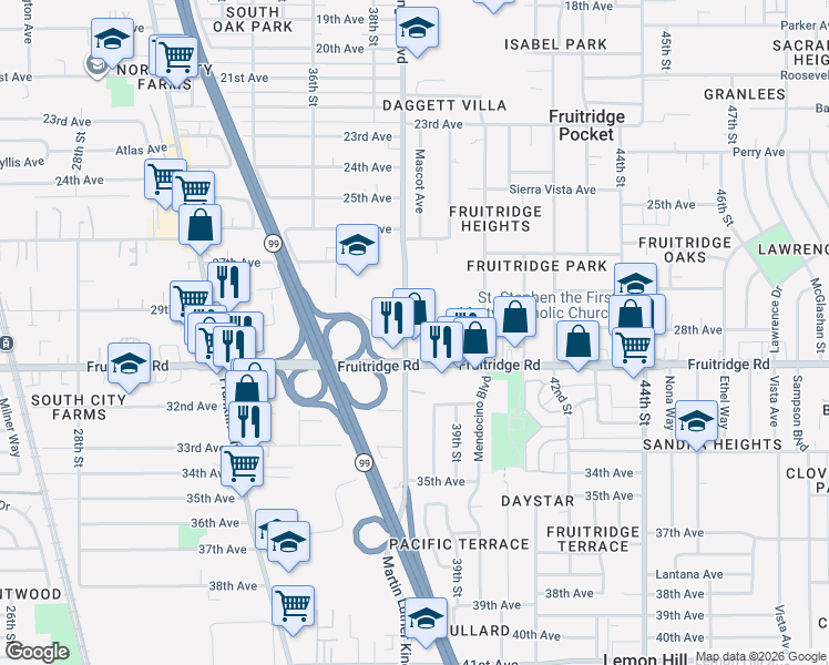 map of restaurants, bars, coffee shops, grocery stores, and more near 5501 Martin Luther King Junior Boulevard in Sacramento