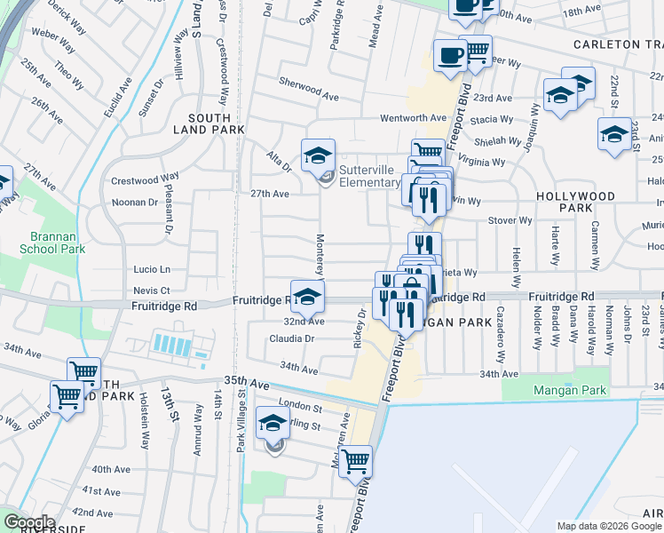 map of restaurants, bars, coffee shops, grocery stores, and more near 1500 Arvilla Drive in Sacramento