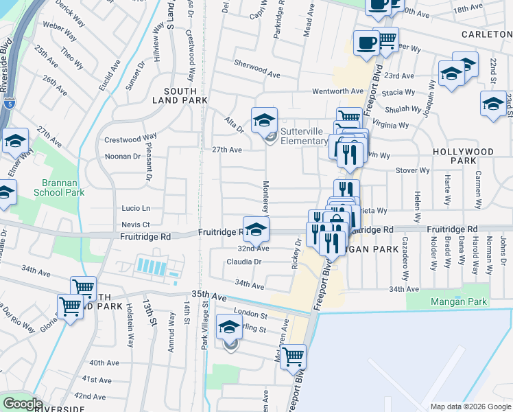 map of restaurants, bars, coffee shops, grocery stores, and more near 1500 Arvilla Drive in Sacramento