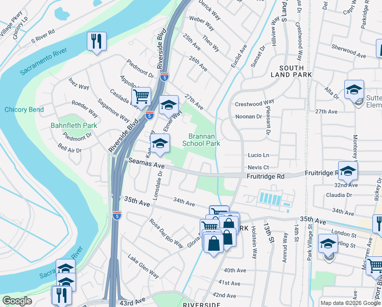 map of restaurants, bars, coffee shops, grocery stores, and more near 5500 Parkfield Court in Sacramento