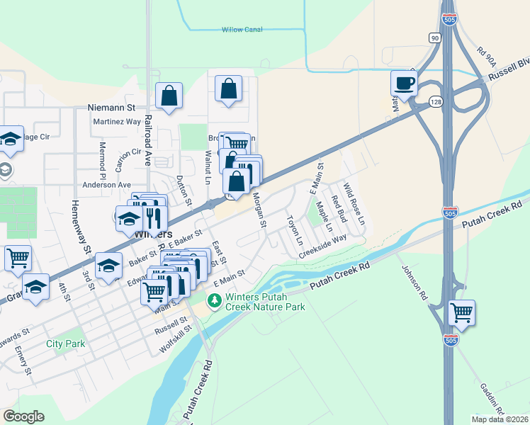 map of restaurants, bars, coffee shops, grocery stores, and more near 213 White Oak Lane in Winters