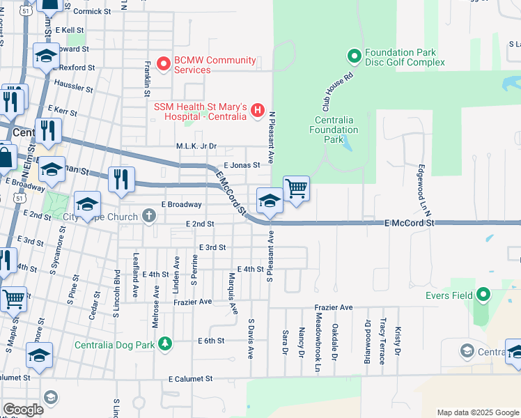 map of restaurants, bars, coffee shops, grocery stores, and more near 1201-1299 E Broadway in Centralia
