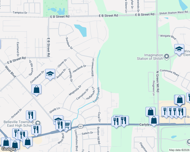 map of restaurants, bars, coffee shops, grocery stores, and more near 77 Magnolia Drive in Belleville