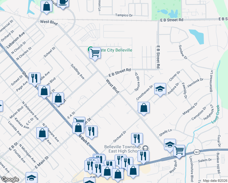 map of restaurants, bars, coffee shops, grocery stores, and more near 1725 West Boulevard in Belleville