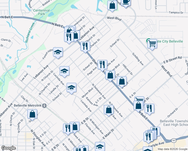 map of restaurants, bars, coffee shops, grocery stores, and more near 1817 East Belle Avenue in Belleville