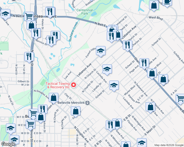 map of restaurants, bars, coffee shops, grocery stores, and more near 809 Lucinda Avenue in Belleville