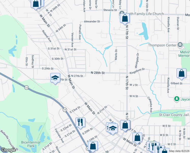 map of restaurants, bars, coffee shops, grocery stores, and more near 228 North 28th Street in Belleville