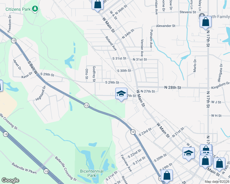 map of restaurants, bars, coffee shops, grocery stores, and more near 113 South 27th Street in Belleville