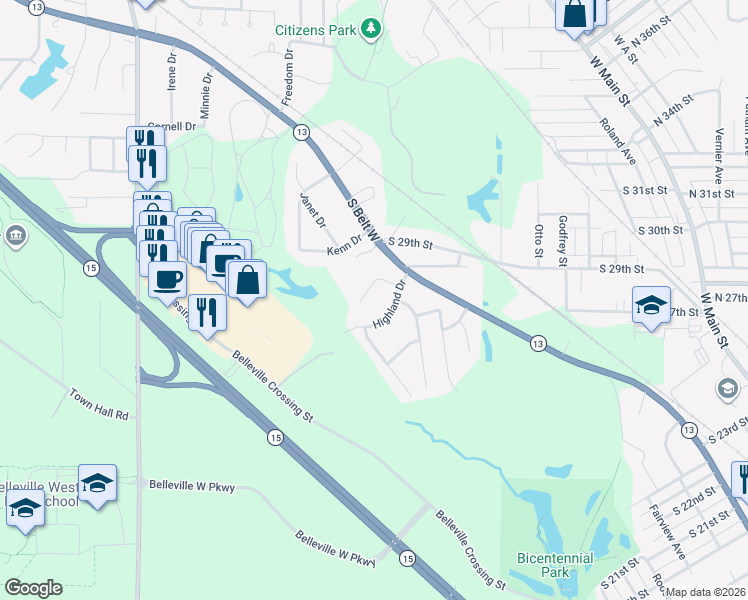 map of restaurants, bars, coffee shops, grocery stores, and more near 9 Highland Drive in Belleville