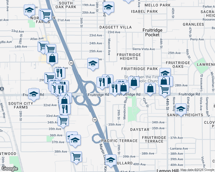 map of restaurants, bars, coffee shops, grocery stores, and more near 5501 Martin Luther King Junior Boulevard in Sacramento