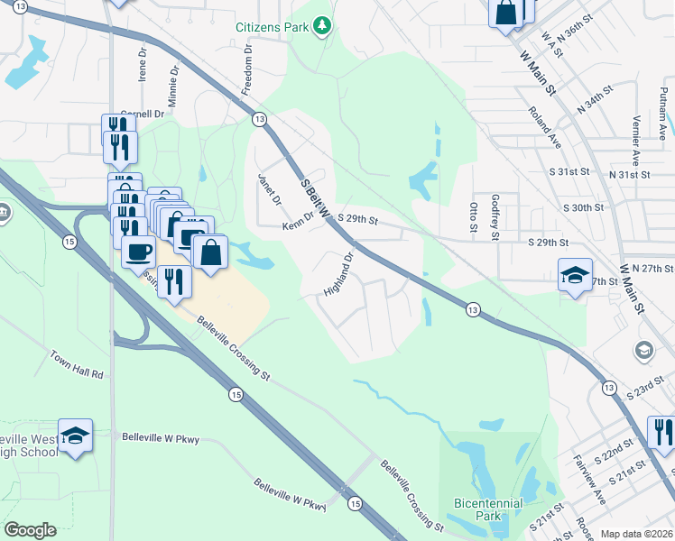map of restaurants, bars, coffee shops, grocery stores, and more near 9 Highland Dr in Belleville