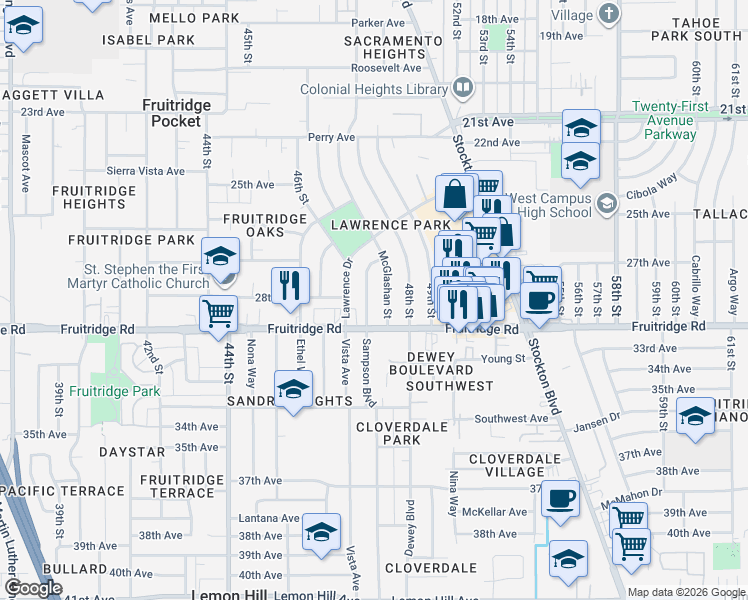 map of restaurants, bars, coffee shops, grocery stores, and more near 5465 Sampson Boulevard in Sacramento