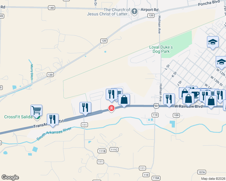 map of restaurants, bars, coffee shops, grocery stores, and more near 38 Rex Circle in Salida