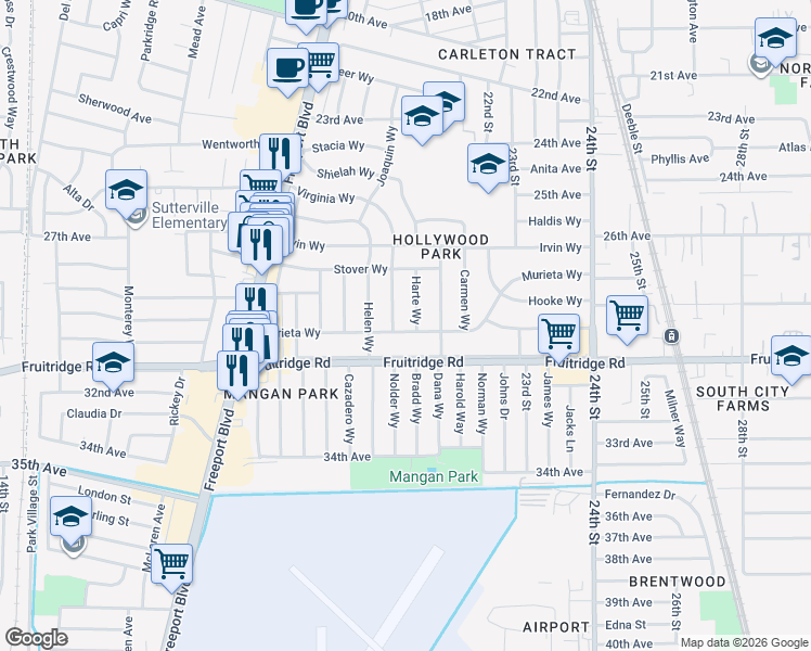 map of restaurants, bars, coffee shops, grocery stores, and more near 5425 Virginia Way in Sacramento