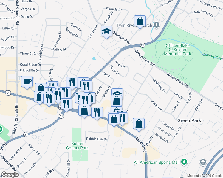 map of restaurants, bars, coffee shops, grocery stores, and more near 11200 Marley Drive in St. Louis